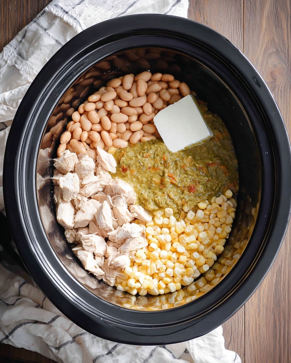 Inside a black slow cooker pot, there are five distinct layers of ingredients. At the bottom right, there is a pile of pale yellow corn kernels with a soft texture. To the left of the corn, pieces of light pink cooked chicken chunks are arranged. Above the chicken, a thick, greenish salsa with visible bits of red and orange covers part of the chicken surface and extends toward the center. In the top left, a white cream cheese block sits next to the salsa. Above the cream cheese and green salsa in the top left corner, a heap of light brown pinto beans fills the remaining space. The slow cooker rests on a wooden surface with a white fabric with stripes partially visible on the left side. Photo taken with an iphone --ar 4:5 --v 7