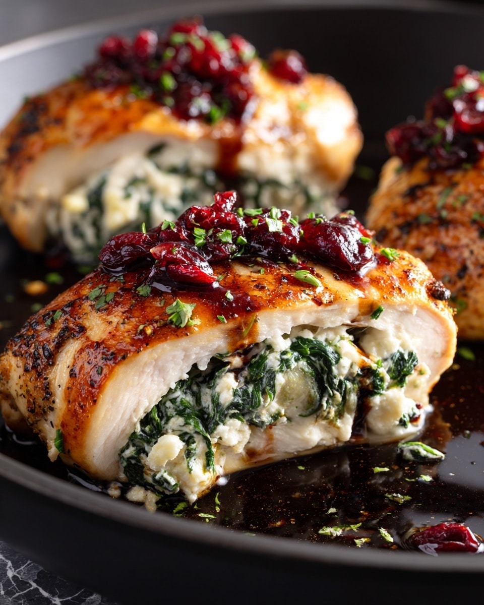 The image shows two cooked chicken pieces with a golden brown, slightly shiny top layer, each stuffed with melted pale yellow cheese and bright green spinach in the middle layer. On top of the chicken, there are small dark red dried cranberries and fresh chopped green herbs scattered. The chicken sits in a black pan with a few cranberries around, and the moist texture of the chicken is visible. The background is a white marbled texture. photo taken with an iphone --ar 4:5 --v 7