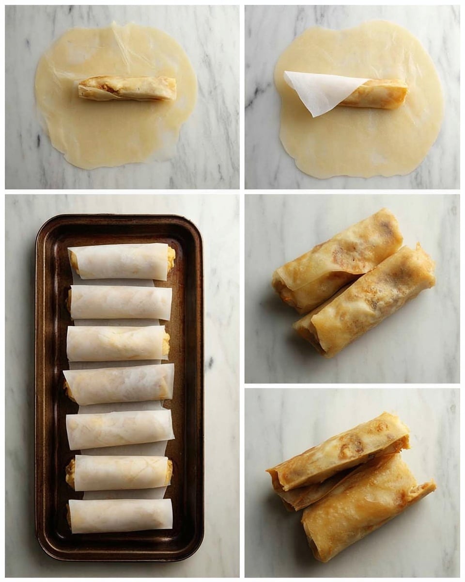 The image shows a step-by-step process of making a wrapped fried snack with thin, translucent wrappers. The filling is light brown and positioned near the edge of a round rice paper sheet placed on a white marbled surface. The first step folds the bottom edge over the filling, then the sides are folded inwards tightly around the filling, and finally, the roll is sealed by rolling from bottom to top into a compact cylinder. There are four rolled pieces lined up vertically on a dark tray, showing a smooth, white wrapper with some light brown spots from the filling inside. The final cooked snacks are shown stacked, their outer wrappers turned golden and slightly crispy with a soft, chunky light brown filling visible inside the ends. Photo taken with an iphone --ar 4:5 --v 7