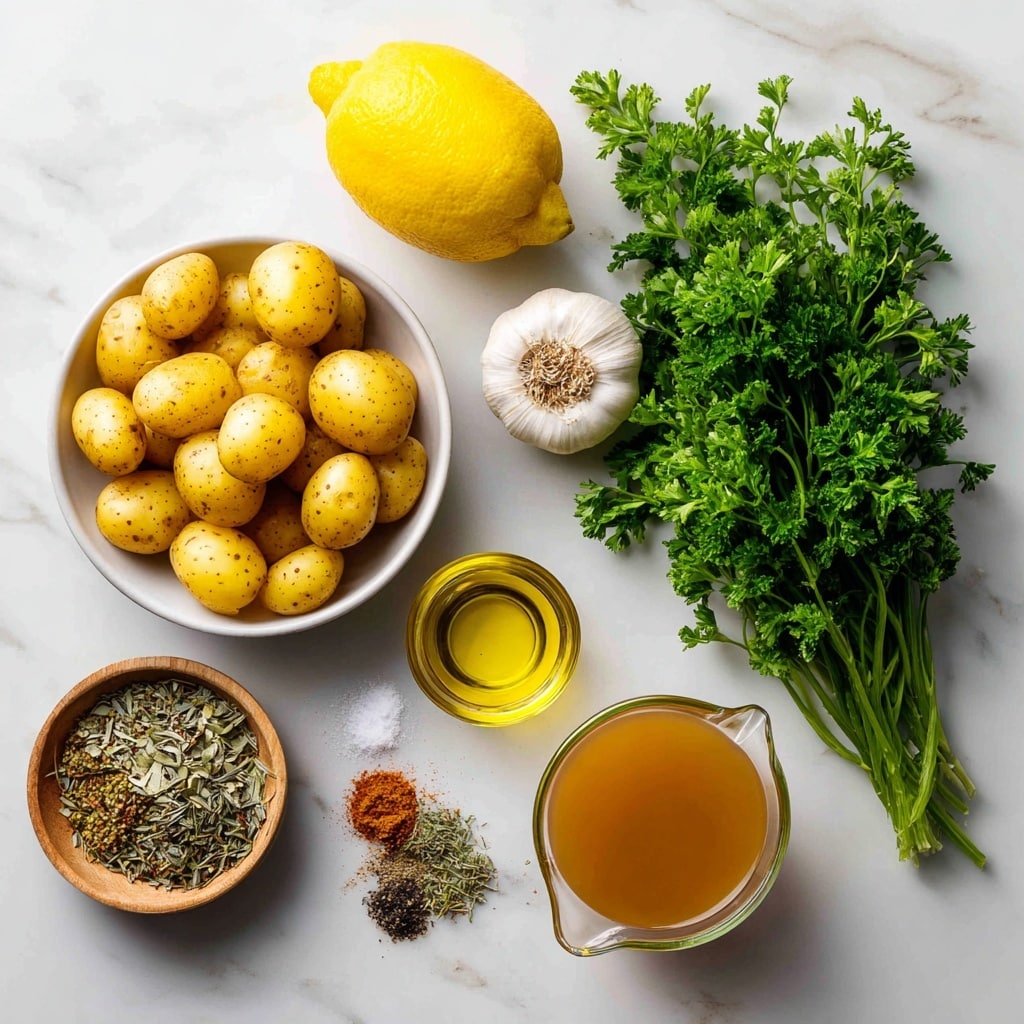 The image shows several cooking ingredients arranged on a white marbled surface, each labeled in black text on white backgrounds. A white bowl filled with small yellow baby gold potatoes takes the center left of the image. Above it is a bright yellow lemon, and to the top right is a fresh bunch of vibrant green parsley. Below the parsley is a whole white garlic bulb. To the right of the garlic, there is a small clear glass container with golden olive oil. At the bottom right lies a glass measuring cup holding light brown broth. At the bottom left of the image, a small light wooden bowl holds an assorted mix of dried herbs and spices including thyme, salt, oregano, paprika, and pepper. photo taken with an iphone --ar 4:5 --v 7