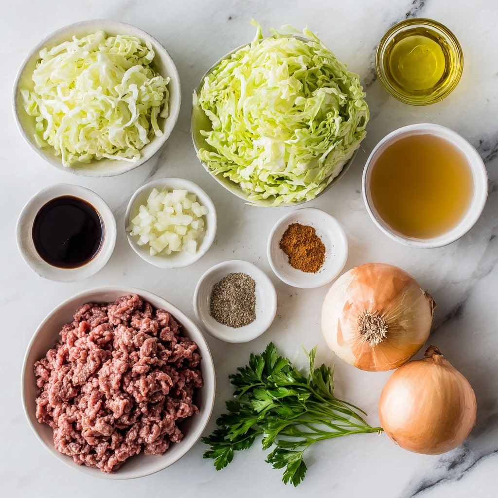 The image shows a close-up of a dish with one main layer of cooked ground meat that is brown and slightly shiny with sauce. Mixed with the meat are pieces of cooked cabbage in off-white and light yellow shades, some with translucent edges, and small bits of cooked onion that are soft and golden brown. The mixture looks moist and tender, with a few tiny green herb pieces scattered throughout. The dish is resting on a white marbled surface, and a shiny silver fork is visible on the right side, lifting some of the food. Photo taken with an iphone --ar 4:5 --v 7