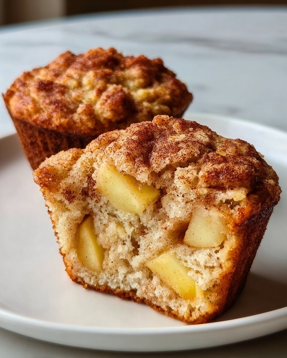 A close-up of two muffins placed on a white plate with a white marbled surface background. One muffin is whole with a golden-brown top showing a slightly rough, crumbly texture, and the other is cut in half, revealing three visible layers inside: a light, fluffy beige cake with soft crumbs, large chunks of yellow apple pieces, and a dusting of cinnamon spice on the top layer giving a reddish-brown speckled look. The muffins have a darker brown base around the edges, showing a baked crust. Photo taken with an iphone --ar 4:5 --v 7