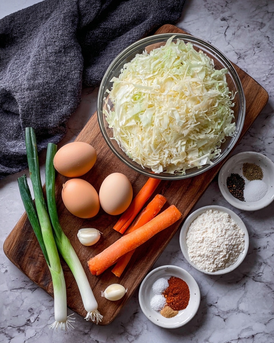 A wooden board placed on a white marbled surface holds various fresh ingredients arranged neatly: a large glass bowl filled with finely shredded pale cabbage sits at the top center; below it are three light brown eggs aligned in a row next to two peeled bright orange carrots and a whole light brown onion; to the left of the board are three green spring onions with white ends, two small garlic cloves, and a small glass bowl filled with white flour; on the bottom right of the board are two small white dishes, one holding reddish and light brown spices and the other containing black pepper, white salt, and a granulated white powder; a dark gray cloth is draped loosely on the surface to the left. photo taken with an iphone --ar 4:5 --v 7