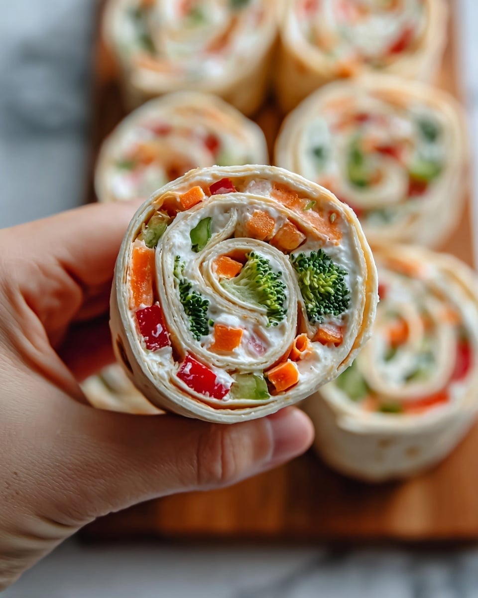 A close-up view of a rolled tortilla wrap held by a woman's hand showing five visible layers of light beige tortilla with soft cream cheese spread inside. Between the layers, there are bright orange carrot sticks, small green broccoli florets, and thin red bell pepper slices, all mixed with the creamy white cheese, creating a colorful spiral pattern. The background shows more wraps with the same filling resting on a wooden surface, with a white marbled texture beneath visible at the bottom edge. photo taken with an iphone --ar 4:5 --v 7