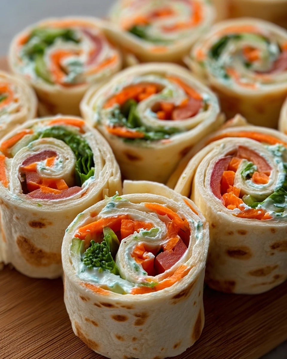The image shows several rolled tortilla wraps placed closely on a wooden surface, each cut into thick rounds. Each wrap has three visible layers: the outer tortilla is a light beige color with some brown toasted spots, inside there is a creamy white spread, followed by thin layers of colorful vegetables including bright orange carrot strips, green cucumber pieces, broccoli florets, and red bell pepper slices. The vegetables are tightly packed within the light tortilla, and the creamy layer makes the vegetables stand out with sharp contrast. The background is a white marbled texture. photo taken with an iphone --ar 4:5 --v 7
