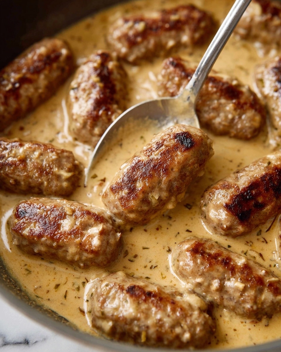 This image shows a close-up of about ten browned sausage-shaped meat pieces covered in a thick creamy light brown sauce with visible specks of herbs and spices. The meat pieces have a slightly rough, grilled texture with darker browned spots. They are sitting closely together in a smooth sauce that fills the bottom of a pan. A shiny silver spoon is partially visible dipping into the sauce between the meat pieces. The background is a white marbled texture. photo taken with an iphone --ar 4:5 --v 7