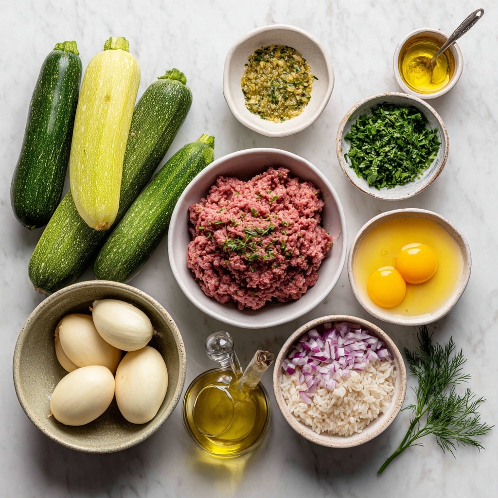 The dish shows five stuffed zucchini pieces arranged in a white bowl on a white marbled surface. Each zucchini is cut into short sections, filled with a light brown meat filling that has a soft texture. The zucchinis are covered with a creamy, pale yellow sauce that has green herb sprinkles on top, likely dill. In the top center, a silver fork lifts one zucchini piece showing the filling inside clearly. The overall look is fresh and creamy with a contrast between the green zucchini skin and the sauce. photo taken with an iphone --ar 4:5 --v 7