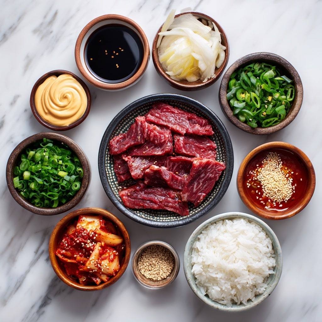 The dish is served in a white bowl filled with a bottom layer of soft white rice, topped with thick slices of grilled steak showing a pink center and dark charred edges. A creamy light brown sauce is drizzled over the steak, with a dollop of a white creamy substance on top. Bright green chopped chives are sprinkled over the creamy topping and sauce, adding color contrast. The bowl is set on a white marbled surface. photo taken with an iphone --ar 4:5 --v 7