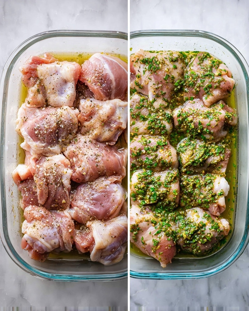 Grilled chicken pieces are shown in close-up on a white plate with speckled details, stacked with at least two layers visible. The top layer is golden-brown with grill marks and small bits of green herbs sprinkled over it, adding freshness. Below it, a darker, caramelized chicken layer shows a shiny charred surface with some green herb spots as well. In the blurry background, there are soft yellow shapes, likely lemon wedges, resting on a white marbled surface. The textures of the chicken look juicy and slightly oily with clear seasoning and pepper specks visible. Photo taken with an iphone --ar 4:5 --v 7