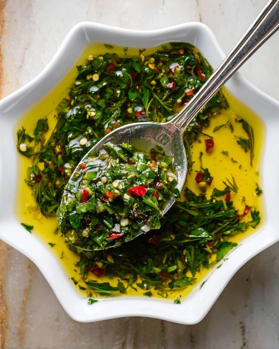 A white bowl with an octagon shape holds a dressing made of finely chopped green herbs, small red chili pieces, and yellow olive oil. The dressing is oily and mixed with a lot of small green leaves and bits of herbs floating on the surface. A silver spoon inside the bowl holds some of the chopped herbs and chili mixed with the yellow oil. The bowl is set on a white marbled surface. photo taken with an iphone --ar 4:5 --v 7