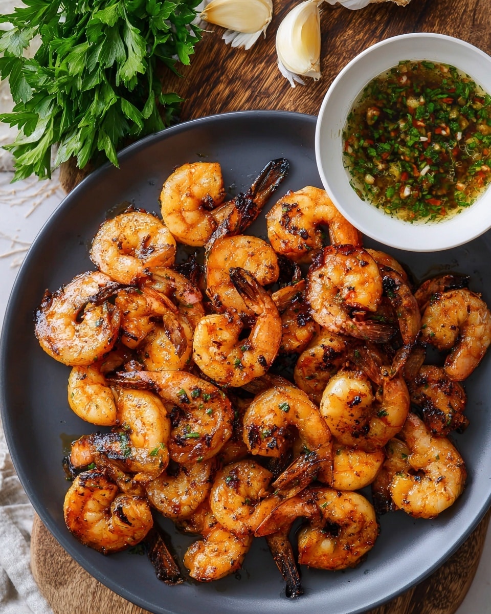 A dark gray plate filled with many grilled shrimp, each shrimp showing a mix of orange and light beige colors with dark char marks, giving a slightly crispy and smoky look. The shrimp are arranged close together covering the plate with their curved bodies and some tails visible. In the top right corner, there is a small white bowl partially visible with a green herb sauce, showing bits of green, red, and yellow colors floating in oil. In the background, there are a few garlic cloves and fresh green parsley placed on a wooden surface. The whole scene rests on a white marbled texture. Photo taken with an iphone --ar 4:5 --v 7
