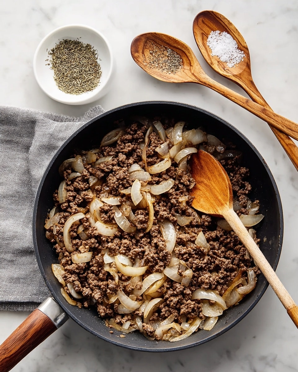 A black frying pan sits on a white marbled surface filled with cooked ground meat mixed with sliced cooked onions that are translucent and slightly browned. A wooden spoon with a smooth brown handle is placed inside the pan stirring the mixture, while another wooden spoon rests beside the pan on a folded gray cloth. Nearby, there are two small white bowls, one with salt and black pepper, and the other with dried green herbs, both positioned above the pan. The scene is well-lit, showing the textures of the meat and onions clearly, photo taken with an iphone --ar 4:5 --v 7