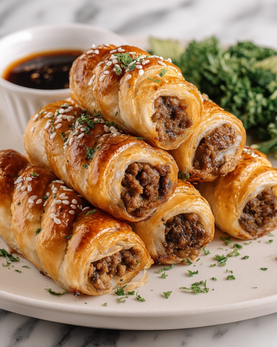 The image shows six golden brown pastry rolls filled with minced meat, arranged in a small pile on a white plate. Each roll has a shiny crispy outer layer with twisted patterns on top, and the meat filling is visible at the open ends. The rolls are sprinkled with small white sesame seeds and chopped green herbs. In the background of the plate, there is a portion of green leafy garnish and a small white bowl filled with a dark dipping sauce. The whole setup is placed on a white marbled surface. Photo taken with an iphone --ar 4:5 --v 7