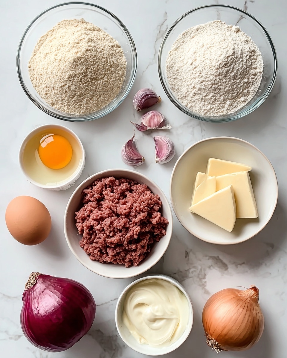 The image shows a group of cooking ingredients laid out on a white marbled surface. At the top center, there are two clear glass bowls filled with white and light beige powdery ingredients. To the left of these bowls, there is a small white bowl containing a raw egg yolk with a clear surrounding egg white. Below the egg, there is a brown egg shell and three cloves of garlic with purple-tinged skin scattered next to it. In the center right, there is a white bowl filled with brown ground meat. To the right of this bowl, a small clear glass container holds three squares of pale yellow butter. At the bottom left, a large red onion sits in a white bowl, while at the bottom center, a small white bowl contains a thick creamy off-white substance. A whole brown onion is placed near the bottom right. The ingredients are neatly arranged and evenly spaced, all on the white marbled background, photo taken with an iphone --ar 4:5 --v 7