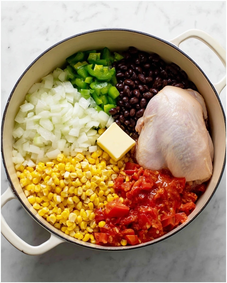 In a white cast iron pot on a white marbled surface, the first image shows a base layer of chopped white onions and green bell peppers with a small square of butter placed in the middle. In the second image, inside the same pot, there is a large raw chicken piece on the right side, cooked black beans stacked on the top left, yellow corn below the beans on the bottom left, and a layer of diced red tomatoes covering the bottom right. The ingredients are neatly arranged with visible textures: the chicken is smooth and pale, the beans shiny and black, the corn bright yellow, and the tomatoes richly red. Photo taken with an iphone --ar 4:5 --v 7