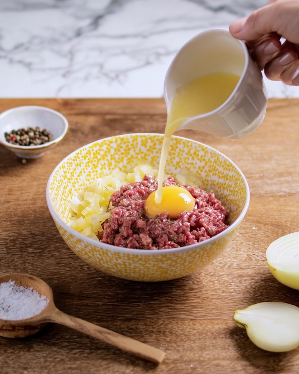 A white bowl with a yellow pattern contains three main layers: a bottom layer of raw red ground meat, a middle layer of light yellow chopped onions, and a whole raw egg placed on top. A woman's hand is pouring a pale yellow liquid over the ingredients from a small white cup. Around the bowl on a brown wooden surface are a small wooden spoon with salt, a small white bowl with black peppercorns, and two halves of a white onion. The background is changed to a white marbled texture. photo taken with an iphone --ar 4:5 --v 7
