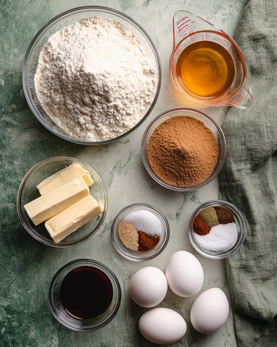 The image shows several baking ingredients arranged on a white marbled surface. There is one large clear bowl filled with white flour forming a mound in the center, next to a clear measuring cup holding a light amber liquid. Below them, a clear bowl contains two types of sugar, brown and white, side by side, with three sticks of butter wrapped in white wrappers placed nearby. In the lower left, a small clear bowl holds a dark liquid, while another small clear bowl to the right contains various brown and white spices in different sections. To the right of this setup, four white eggs lie arranged closely together. The background includes a piece of muted green linen fabric. photo taken with an iphone --ar 4:5 --v 7