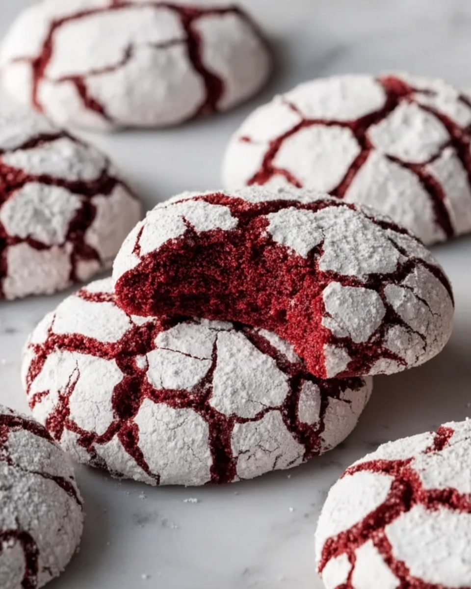 The image shows several round red velvet cookies with a cracked white powdered sugar coating on top. Each cookie has a deep red color under the white powder, which highlights the cracks and rough texture on the surface. One cookie in the front has a bite taken from it, showing the soft, dark red inside contrasted with the white cracked topping. The cookies are placed on a white marbled surface that adds a clean and bright background, making the red and white colors stand out clearly. photo taken with an iphone --ar 4:5 --v 7