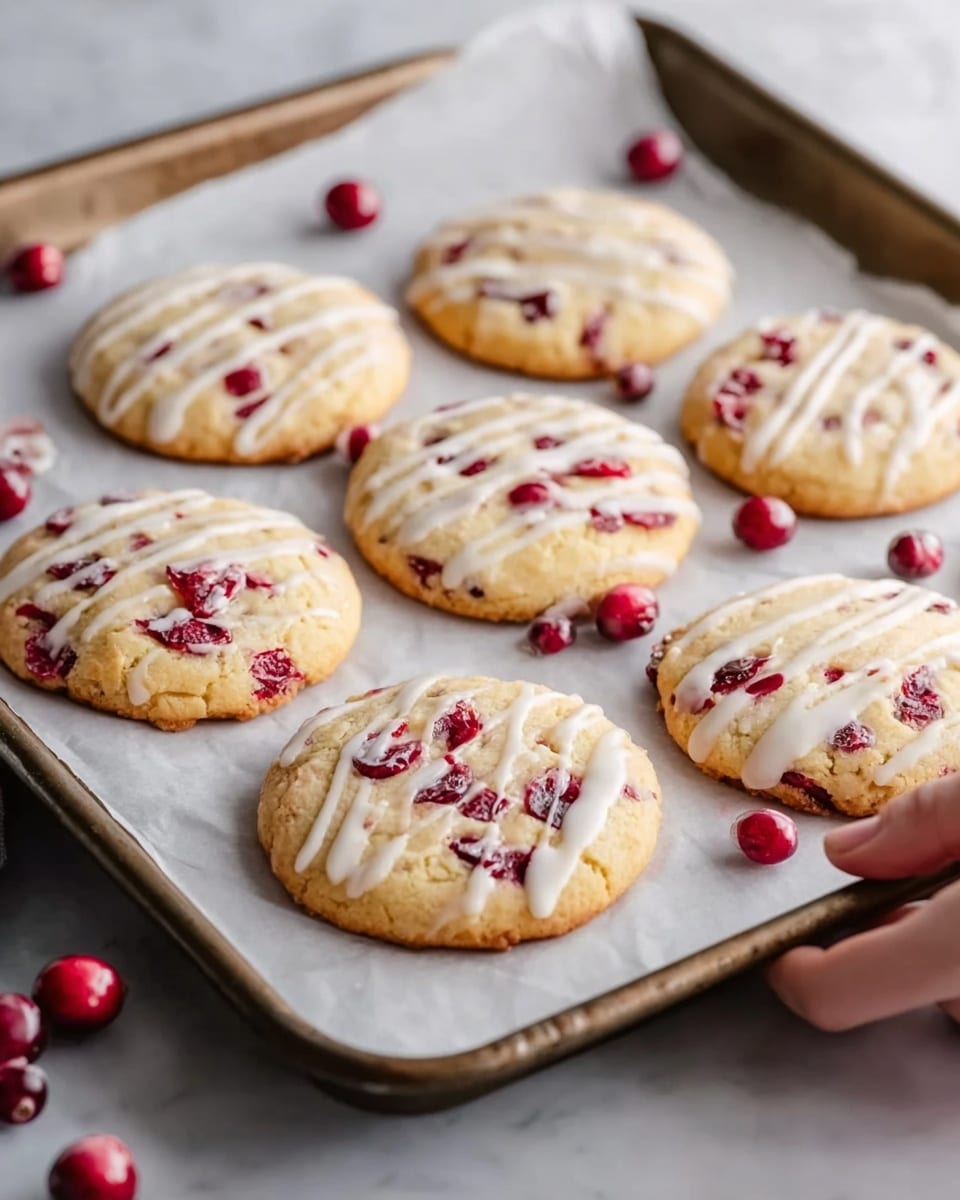 Three large cookies are on parchment paper on a tray, with one cookie in front broken in half showing its soft, light-colored inside filled with bright red cranberries. Each cookie is pale beige and topped with thin, white icing drizzled across the surface. The cranberries inside and on top add pops of red color against the creamy cookie dough. A single cranberry sits on the white marbled surface below the tray, giving a clean and fresh feel. Photo taken with an iphone --ar 4:5 --v 7