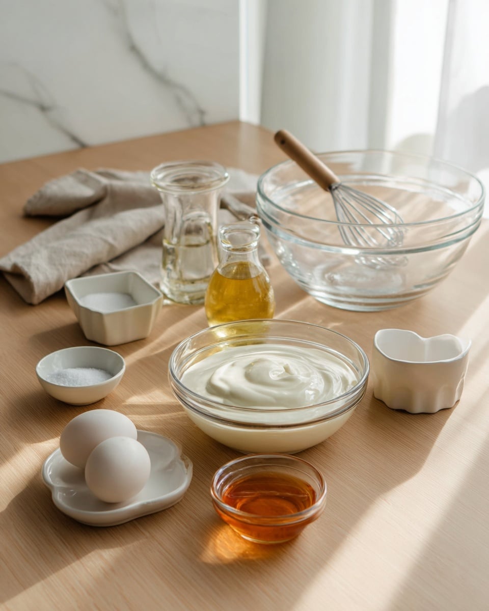 The image shows a light wooden table with baking ingredients neatly arranged. In the front, there is a clear glass bowl filled with thick white yogurt, next to a small round glass bowl containing amber-colored liquid. A white small plate holds two white eggs and one light brown egg. Behind these, a small glass jug filled with clear oil sits beside a small white dish with salt. To the back left, a white bowl and a small divided white dish are placed near a beige cloth. On the right, a large clear glass mixing bowl with a wooden spoon inside is visible. The background shows a white marbled surface and bright natural light coming from a nearby window. Photo taken with an iphone --ar 4:5 --v 7