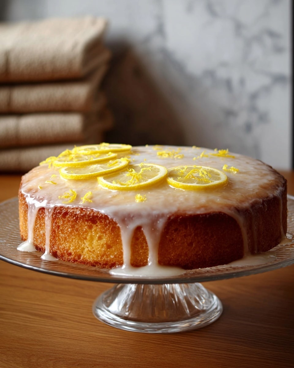 A single-layer round lemon cake with a golden brown textured side sits on a clear glass cake stand. The top is covered with a shiny, translucent white glaze that drips slightly down the edges. Thin, bright yellow lemon slices are arranged in a crescent shape on one side of the top, with small lemon zest pieces scattered across the glaze. The cake is placed on a wooden surface with a soft background of folded beige towels and a white marbled textured wall. Photo taken with an iphone --ar 4:5 --v 7