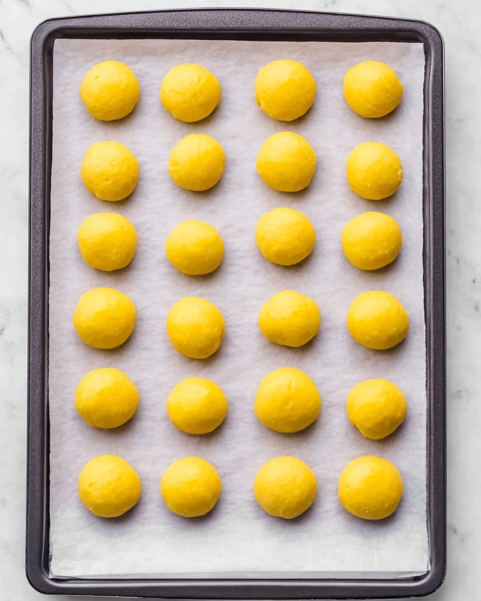 The image shows 28 small, round, bright yellow dough balls evenly spaced in a 4 by 7 grid on a sheet of white parchment paper, which is placed on a dark baking tray. The dough balls have a smooth, slightly shiny surface with a soft texture. The background is a white marbled surface. photo taken with an iphone --ar 4:5 --v 7