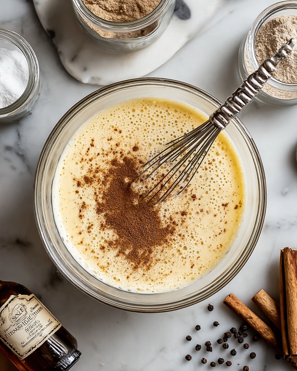 A clear glass bowl filled with a light yellow creamy mixture with small bubbles on the surface, topped with a sprinkle of brown cinnamon powder mostly gathered on one side. Inside the bowl is a metal whisk with a shiny silver handle resting diagonally. The bowl sits on a white marbled surface, surrounded by small glass jars containing white and brown powders, a bottle with a dark brown label, two cinnamon sticks near the bottom left, and scattered dark peppercorns on the right side. Photo taken with an iphone --ar 4:5 --v 7