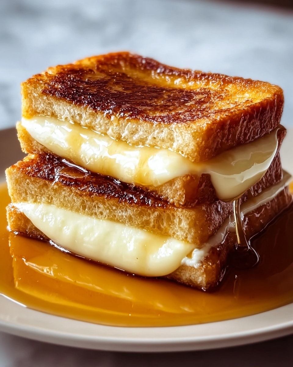 A close-up image of a toasted sandwich with two thick layers of golden brown bread, each showing a crispy, slightly caramelized surface. Between the bread layers, there are two thick layers of creamy, melted cheese that looks soft and smooth, oozing out slightly at the edges. The sandwich rests on a white plate with a pool of amber-colored syrup spreading around its base. The background has a smooth white marbled texture. Photo taken with an iphone --ar 4:5 --v 7