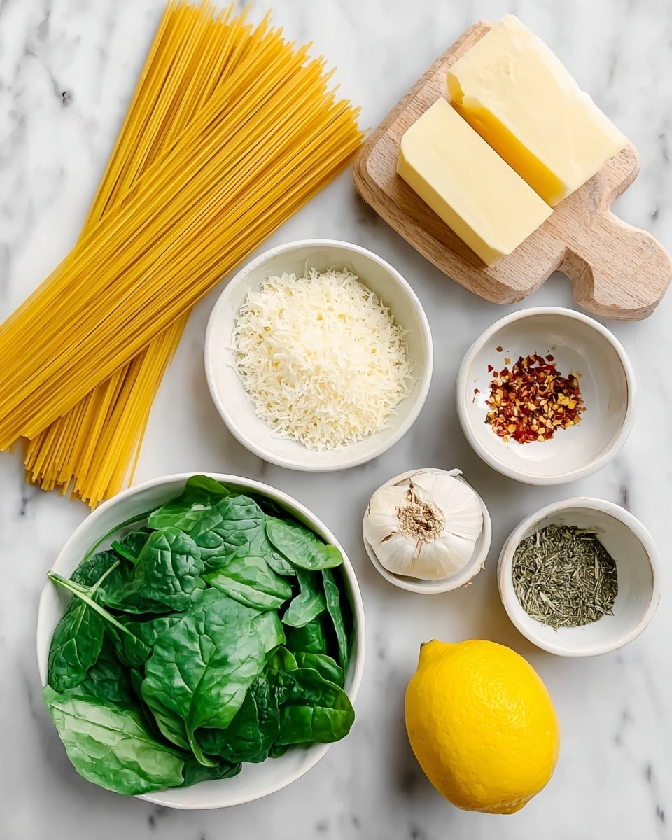 The image shows a large silver pan filled with cooked spaghetti noodles mixed with bright green wilted spinach leaves evenly spread throughout. The pasta looks soft and slightly shiny, with some small bits of grated cheese sprinkled on top. A fork held by a woman's hand is lifting a twist of spaghetti and a few spinach leaves off the pan. In the background, there is a wooden board with a block of cheese on it and a small white bowl containing red pepper flakes, all placed on a white marbled surface. photo taken with an iphone --ar 4:5 --v 7