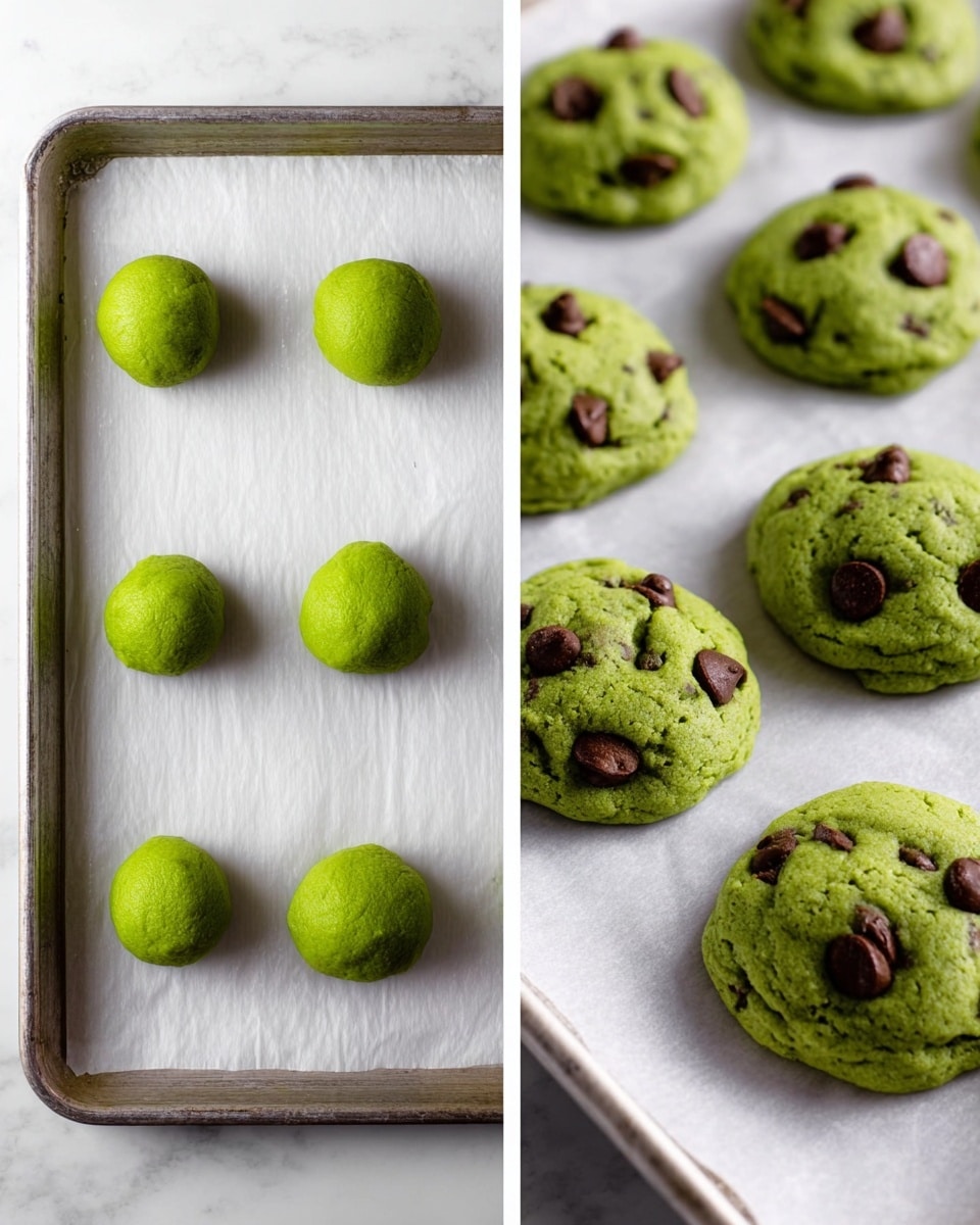 There are two side-by-side images showing the process of making green cookies with chocolate chips. On the left, six small green dough balls are spaced out on white parchment paper covering a metal baking tray. Each dough ball is round and smooth, with a bright green color. On the right, the baked cookies are placed closely on white parchment paper over a white marbled surface. The cookies are round and puffy, with a firm texture, a vibrant green color, and scattered chocolate chips on top. Photo taken with an iphone --ar 4:5 --v 7