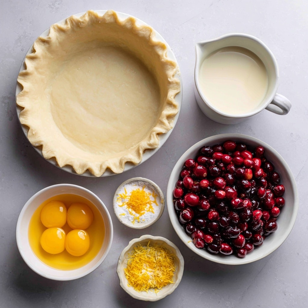 A white pie crust sits at the top left, uncooked with a crimped edge. To its right is a white cup filled with light creamy condensed milk. Below the pie crust is a white bowl full of shiny red and dark red cranberries. To the lower left of the cranberries is a small white bowl with bright orange zest. Below the orange zest is a small white measuring cup with bright orange orange juice. To the right of the orange juice is a white bowl holding several vibrant yellow egg yolks on a white marbled surface. photo taken with an iphone --ar 4:5 --v 7