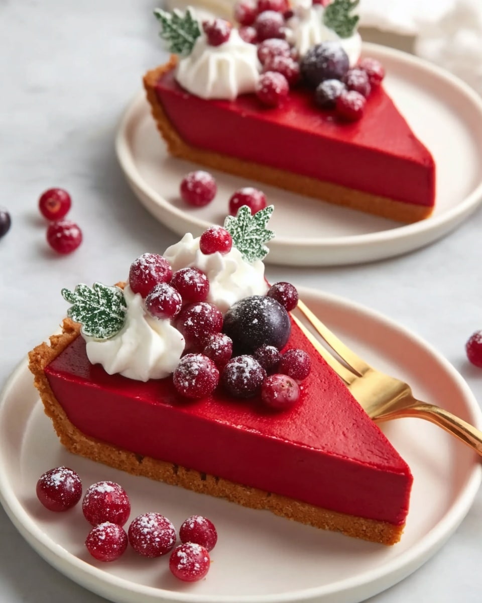 The image shows two slices of a bright red tart with a thick, smooth red filling layer inside a golden tan crust that is thick and crumbly around the edges. On top of each slice is a swirl of white cream, several small bright red berries, frosted green leaves, a few frosted dark purple berries, and small white flower-shaped sprinkles evenly spaced. The tart slices are placed on simple white plates on a white marbled surface. Small clusters of red berries are scattered around the plates, and a gold fork is placed near one of the tart slices. Photo taken with an iphone --ar 4:5 --v 7