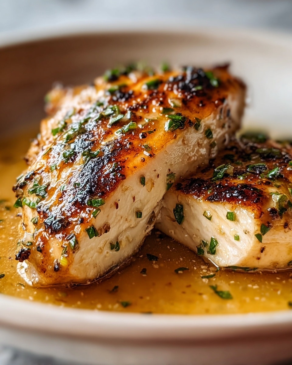 The image shows two pieces of grilled chicken with a golden-brown, slightly charred skin, sprinkled with small bits of fresh green herbs evenly spread on top. The inside of one piece is soft and white, revealing juicy cooked meat. The chicken sits in a shallow pool of light brown sauce with a glossy texture, inside a white bowl, on a white marbled surface. The overall look is warm and appetizing, with a close-up focus on the chicken texture and sauce shine. Photo taken with an iphone --ar 4:5 --v 7