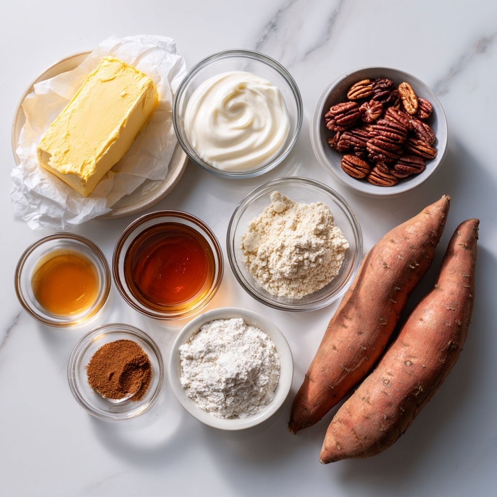 The image shows several cooking ingredients arranged neatly on a white marbled surface. From left to right, there is a block of yellow butter partially wrapped in white paper, a small clear glass bowl filled with white heavy cream, another bowl with a smooth amber maple syrup, and a small bowl of amber vanilla extract. Above them are small clear bowls containing brown cinnamon powder, off-white flour, and light brown soft brown sugar. A bowl of dark brown pecan halves is also visible. To the far right, there is a bunch of four reddish-brown sweet potatoes with rough, textured skin. All ingredients are organized in groups with clear labels on each item. photo taken with an iphone --ar 4:5 --v 7