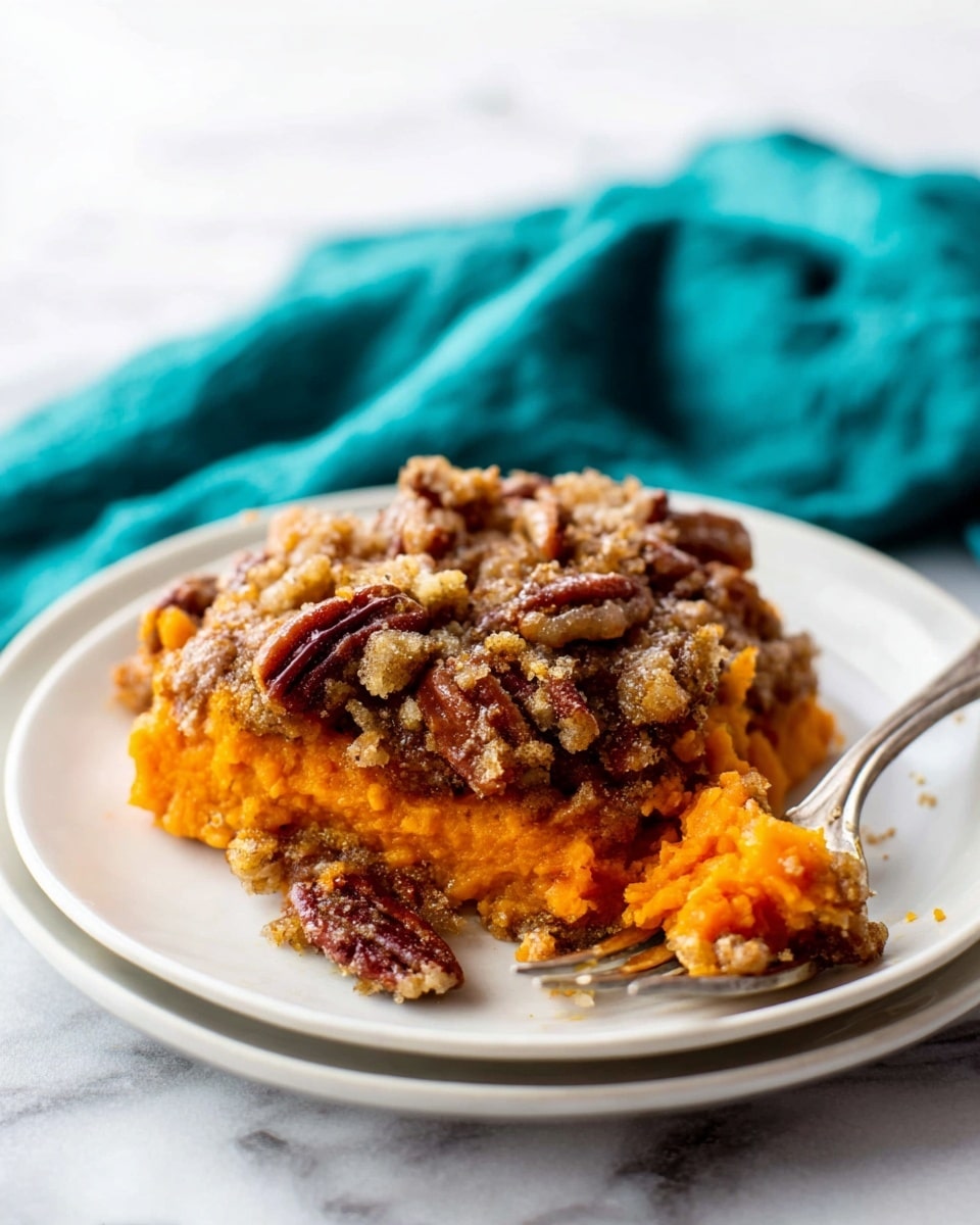 A white plate holds a single serving of a layered sweet potato casserole with pecans. The base layer is smooth, mashed sweet potatoes in bright orange. On top, there is a crunchy topping made of large, dark brown pecan halves mixed with a crumbly, golden-brown streusel that looks slightly sticky and caramelized. A silver fork rests on the right side of the plate, with a bit of the sweet potato mix stuck to it. In the background, there is a soft teal cloth, all placed on a white marbled surface. photo taken with an iphone --ar 4:5 --v 7