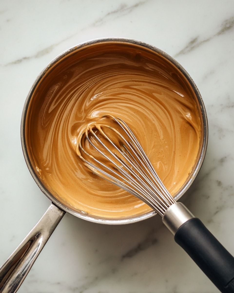 A close-up top view of a stainless steel saucepan filled with a smooth, thick, shiny caramel-colored sauce being stirred by a metal whisk with a black handle; the sauce has a creamy texture with gentle swirls made by the whisk, resting on a white marbled surface. photo taken with an iphone --ar 4:5 --v 7
