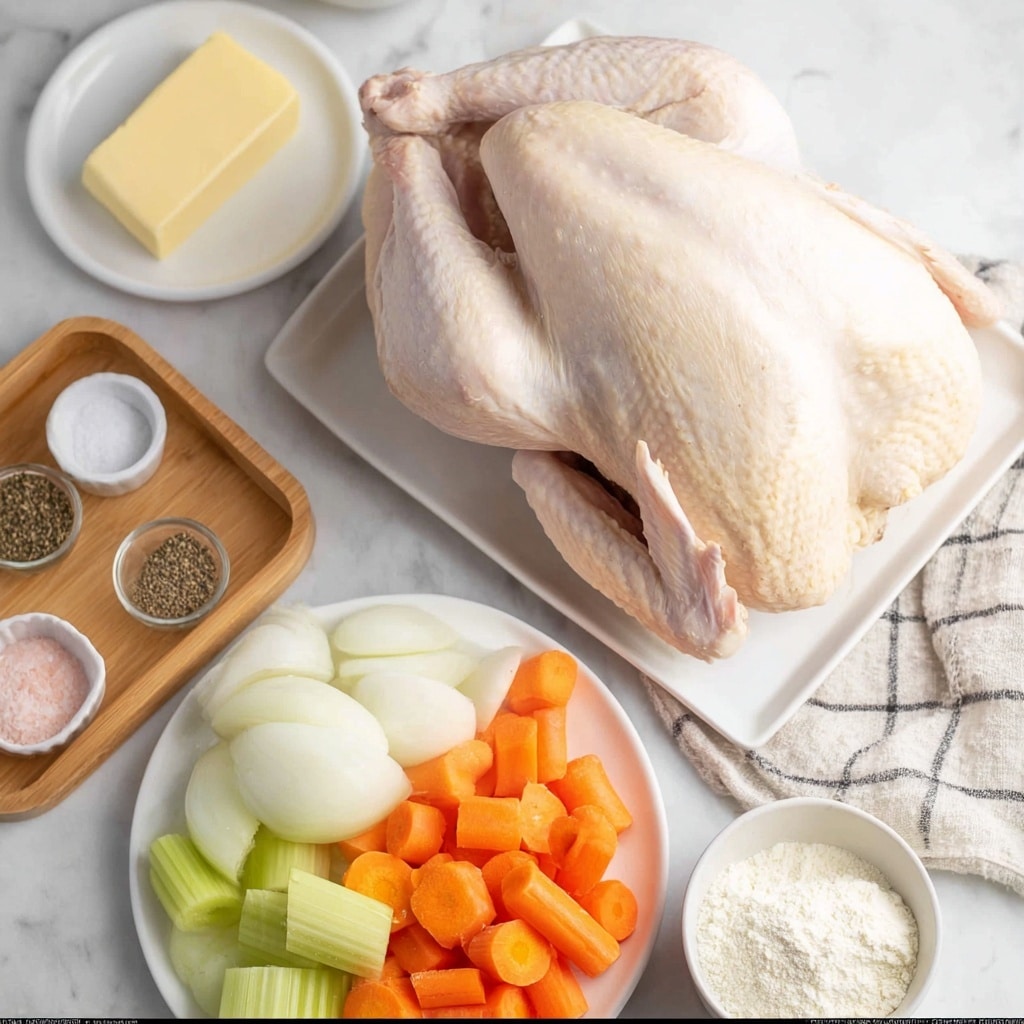 A whole raw chicken with pale, smooth skin lies centered on a white rectangular plate, showing its front side and one wing slightly tucked under. Below it, a round white plate holds three separate piles of colorful chopped vegetables: four large, white onion wedges to the left, bright orange carrot pieces to the right, and light green celery sticks at the bottom. To the left of the plates, a wooden tray with three sections displays ground black pepper, pink salt, and minced garlic. A stick of pale yellow butter rests on a small white round plate near the upper left corner, next to a checked cloth. A small white bowl with a white powder, likely flour, sits on the right edge of the image, all arranged on a white marbled surface. photo taken with an iphone --ar 4:5 --v 7