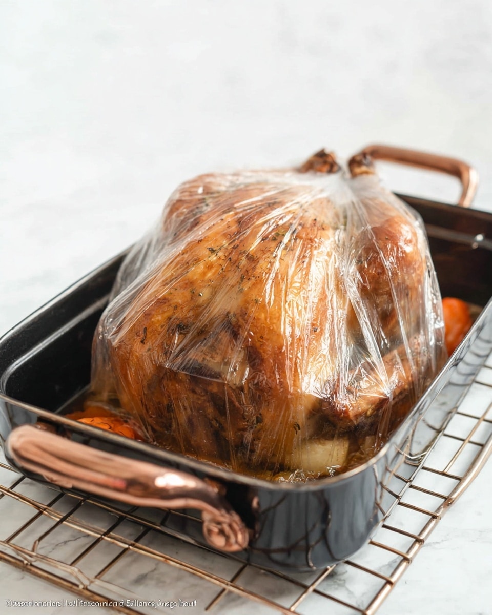 A cooked whole chicken with golden brown skin is wrapped inside a transparent oven bag, showing some seasoning on the surface. The chicken rests in a black roasting pan with two copper-colored handles and a metal rack inside. Underneath the chicken, a few visible round orange and white vegetables add color to the scene. The pan is placed on a white marbled surface with a soft, white background. Photo taken with an iphone --ar 4:5 --v 7