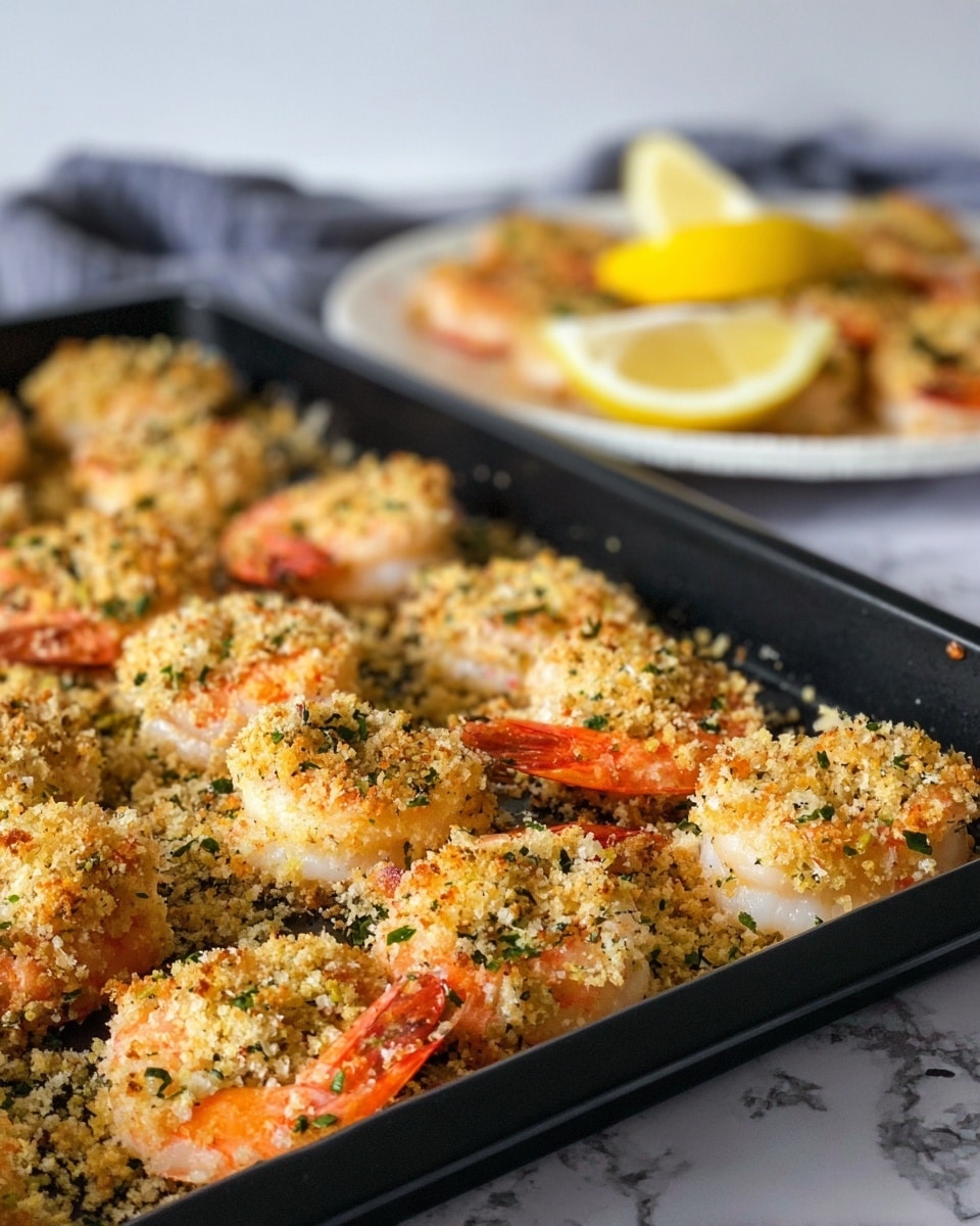 A close-up view of a black baking tray filled with shrimp covered in a golden crunchy layer of breadcrumbs mixed with herbs, creating a textured top with small green herb pieces scattered throughout. The shrimp are arranged evenly, with their orange tails visible under the crispy topping. In the background, a second black tray with more shrimp and a white plate with lemon slices are partly visible, all set on a white marbled surface. photo taken with an iphone --ar 4:5 --v 7