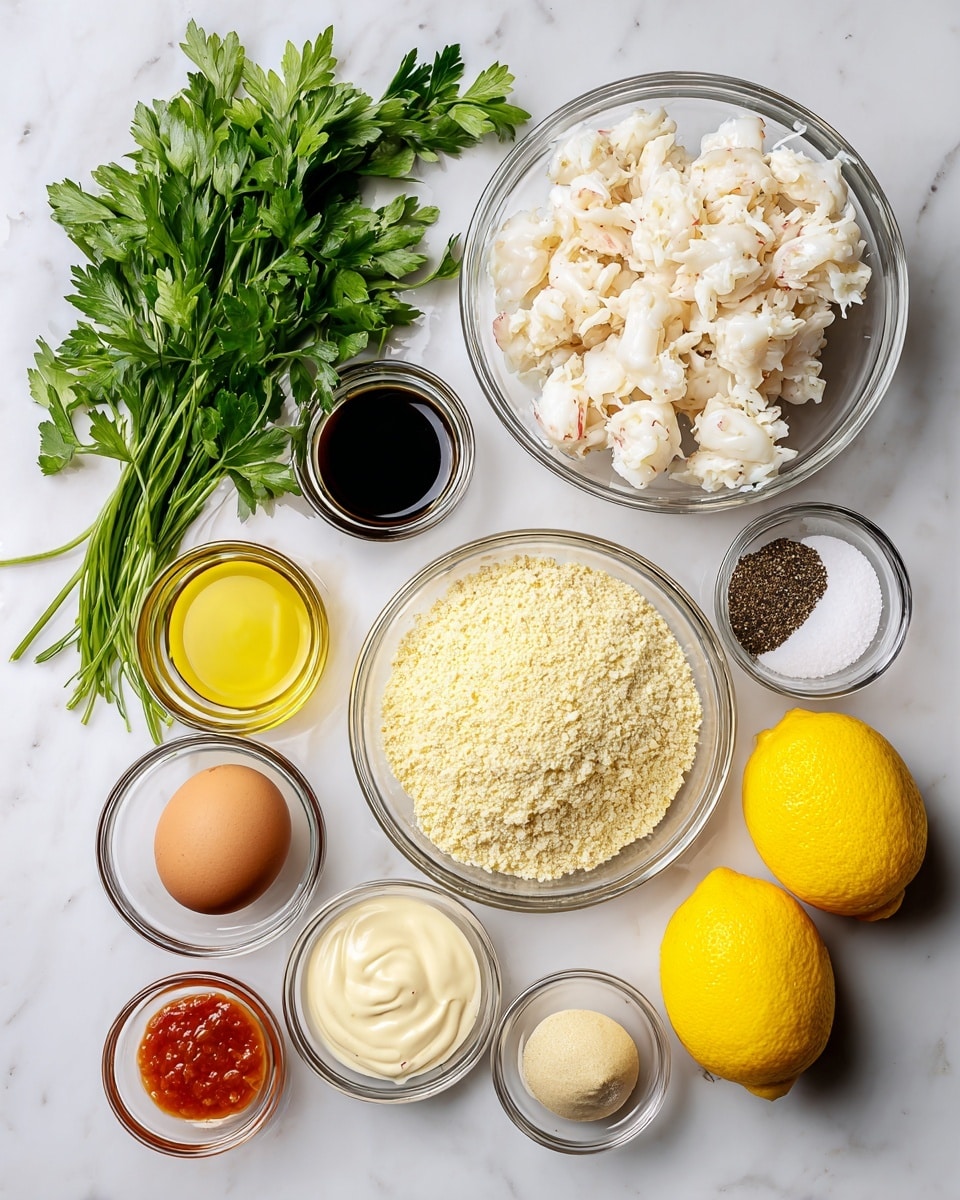 A top view of cooking ingredients arranged on a white marbled surface. At the center top is a clear glass bowl filled with white crab meat. To the left of it, there is a bunch of fresh green parsley with detailed leaves. Below the crab meat bowl is another clear glass bowl filled with pale yellow panko breadcrumbs. To the right, there are two whole bright yellow lemons lying side by side. Surrounding these main items are small glass bowls with various ingredients: one with black pepper, one with white salt, one with a single brown egg, one with mustard yellow sauce, one with dark soy sauce, one with clear oil, a bowl of thick white mayonnaise, a bowl of creamy white sauce, and a small bowl with reddish orange hot sauce. The whole setup is well spaced and clearly shows each element on the smooth white marbled surface photo taken with an iphone --ar 4:5 --v 7