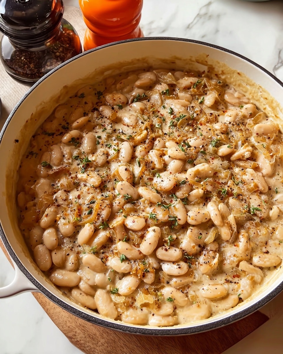 A large white bowl filled with creamy white beans mixed with herbs and black pepper, creating a light speckled texture across the dish. The beans are soft and plump, sitting in a light sauce that looks smooth and slightly glossy. On one side, a sliced piece of toasted bread with a golden brown crust and visible butter or oil sits partially dipped into the bean mixture. The bowl is placed on a wooden table with a white marbled texture background, and a dark vase with soft dried flowers adds a cozy touch in the back. Photo taken with an iphone --ar 4:5 --v 7