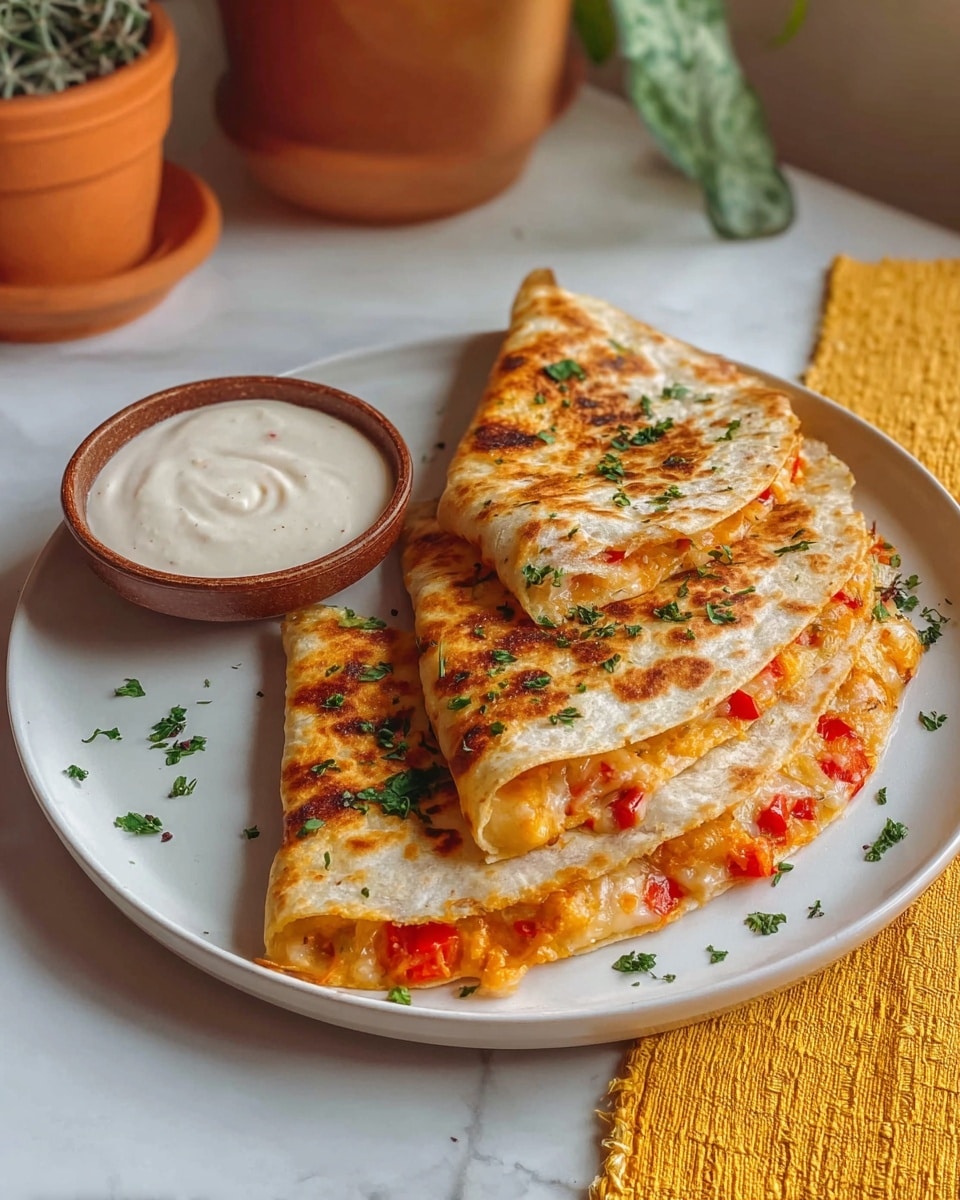 There are three folded quesadillas on a white plate, each with a golden-brown lightly crispy tortilla layer showing some charred spots and sprinkled with green herbs on top. The quesadillas visibly contain a melted cheese and red pepper filling that peeks out from the edges, adding a creamy orange and red texture beneath the tortillas. A small brown bowl filled with creamy white sauce sits to the side of the quesadillas on the same plate. The whole setting is on a white marbled surface with a yellow woven cloth and a plant in a terracotta pot in the soft blurred background. Photo taken with an iphone --ar 4:5 --v 7