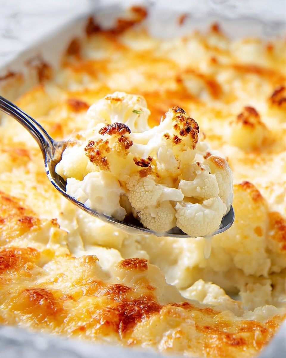 A close-up of a spoon holding a scoop of creamy cauliflower casserole with slightly browned edges. The dish features tender white cauliflower florets covered with a smooth, light cheese sauce, showing some golden spots from baking. The casserole is in a white dish with a bubbly, browned cheese layer on top, all set against a white marbled background. photo taken with an iphone --ar 4:5 --v 7