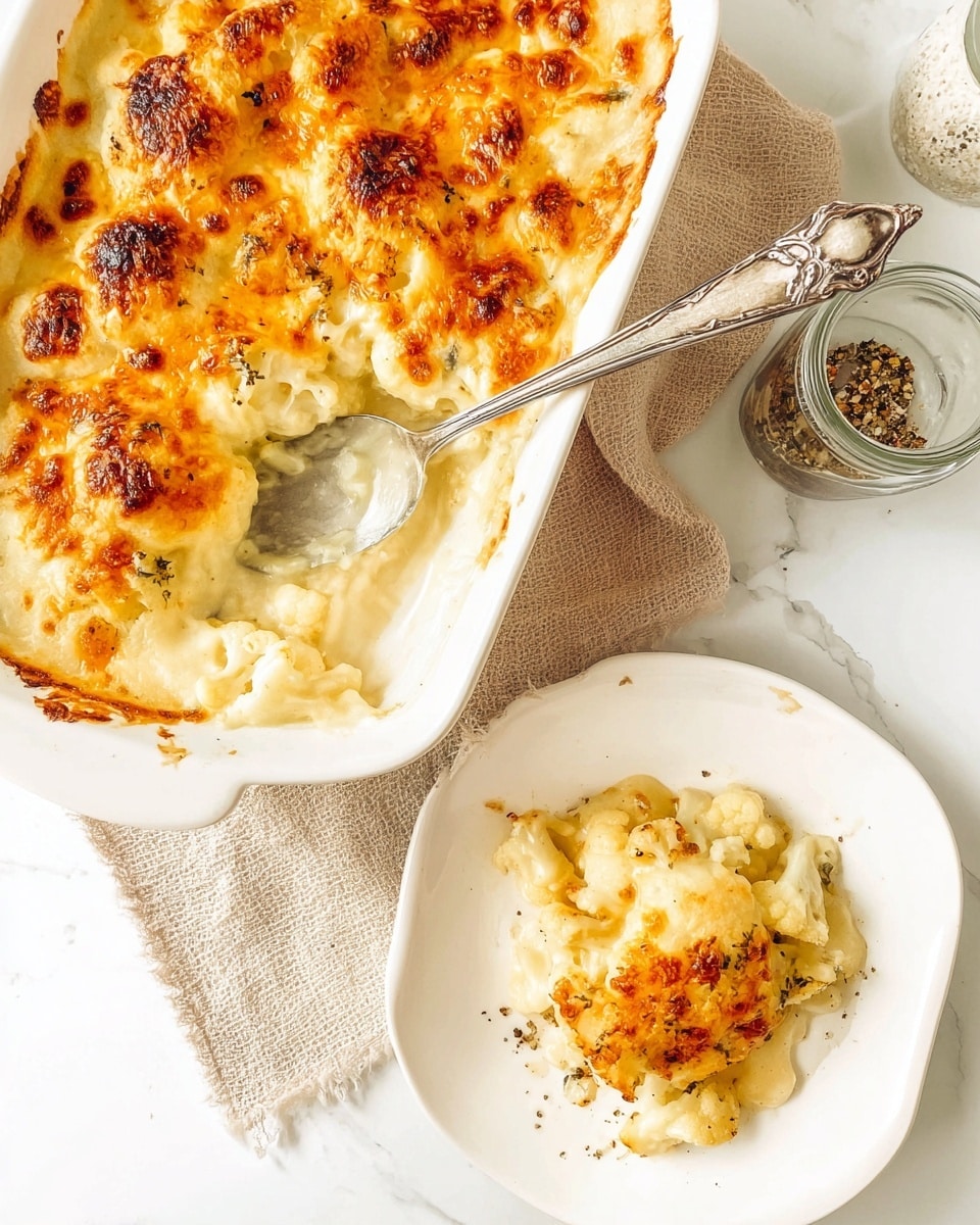 The image shows a close-up of a white rectangular baking dish with a golden-brown, bubbly cheese topping that is slightly crispy around the edges. Inside, you can see creamy, soft layers of cauliflower and cheese sauce underneath the browned top layer. Next to the baking dish, a white round plate holds a serving of the baked cauliflower with melted cheese and a bit of crispiness on top. A silver serving spoon is placed inside the baking dish, resting on the edge, and a glass jar with mixed salt and pepper is visible beside the plate. All items are set on a white marbled surface with a beige textured cloth partially underneath the baking dish. photo taken with an iphone --ar 4:5 --v 7