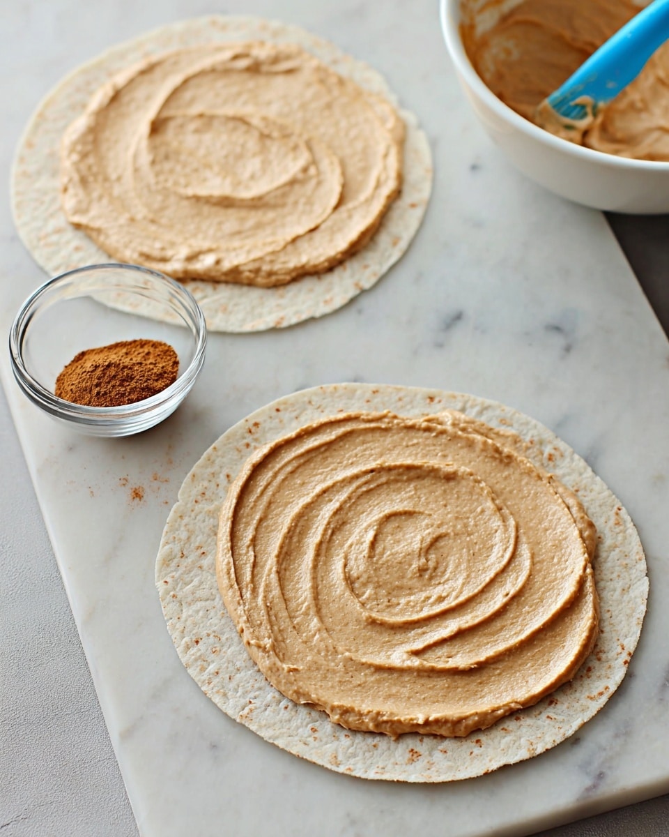 The image shows two flat, round tortillas laid on a white marbled surface. Each tortilla has one thick, smooth layer of light brown spread evenly covering most of its top side with visible swirls and slight texture variations. To the side, there is a clear glass bowl containing a small amount of cinnamon powder and a large white bowl filled with more of the same light brown spread, holding a blue spatula. The scene has a calm, soft natural light with no other visible food items or utensils. Photo taken with an iphone --ar 4:5 --v 7