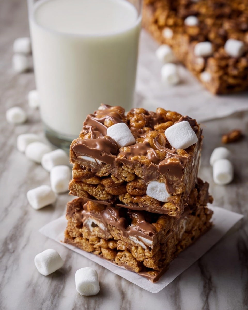 The image shows two square cereal bars stacked on top of each other on a square piece of white parchment paper. Each bar has layers of small marshmallows, light brown toasted cereal pieces, and smooth milk chocolate coating that holds everything together in an uneven, chunky texture. The top bar has visible white marshmallows peeking out among the crunchy cereal and shiny chocolate. In the background, there is a tall clear glass filled with milk and scattered marshmallows and cereal pieces on a white marbled surface. photo taken with an iphone --ar 4:5 --v 7