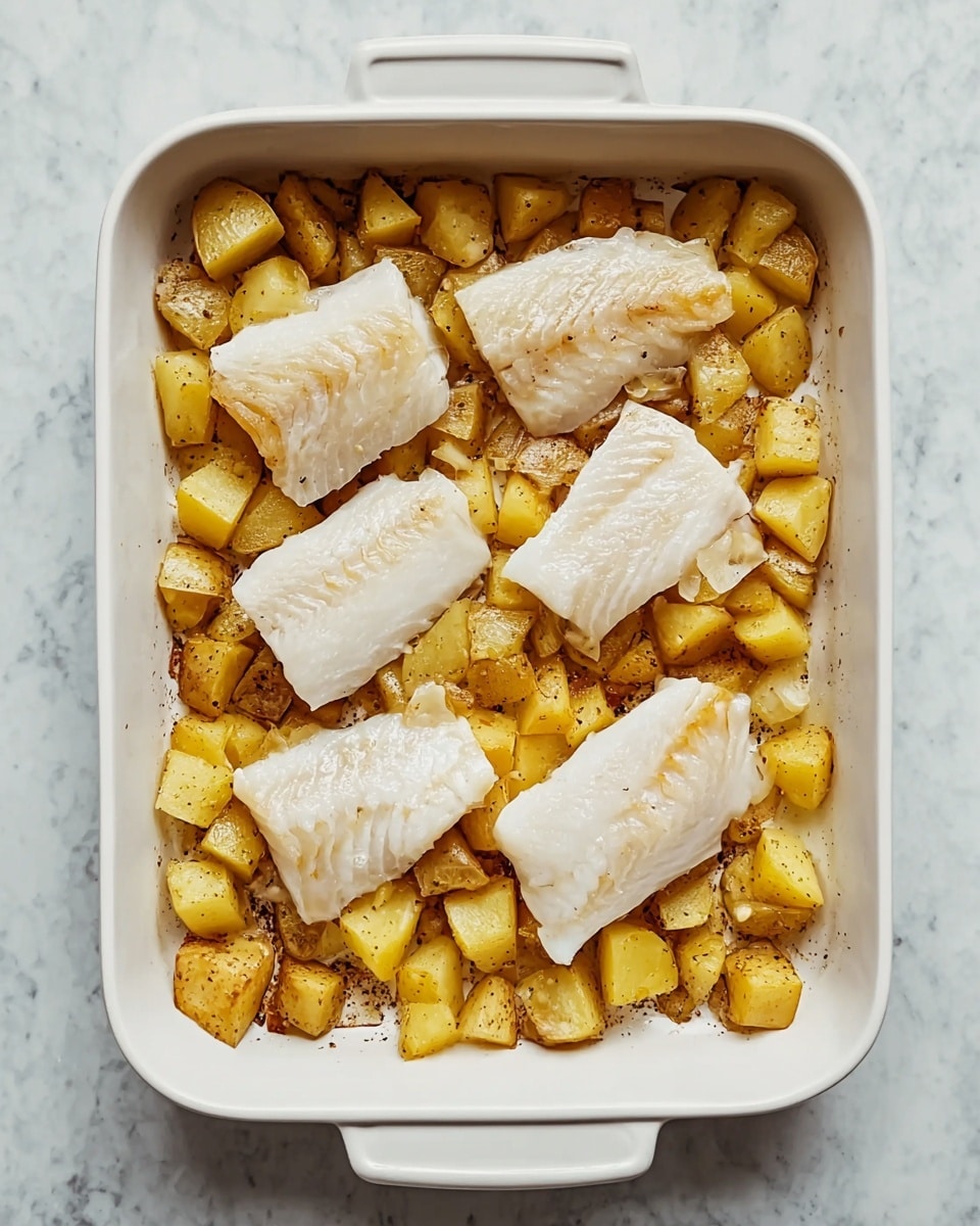 The image shows a white rectangular baking dish filled with cooked small potato pieces with a golden brown color and slightly crispy texture, spread evenly across the bottom. On top of the potatoes, there are four pieces of white fish fillets, each with a smooth, slightly shiny surface and a flaky texture. The dish is placed on a white marbled surface. photo taken with an iphone --ar 4:5 --v 7