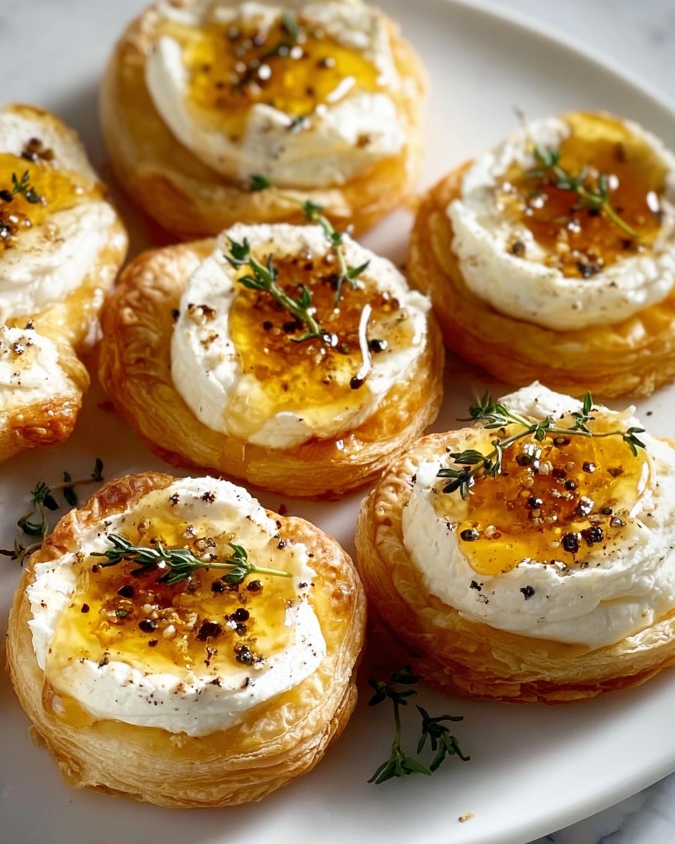 The image shows several round puff pastry bases with a golden, flaky texture and a slightly raised edge. Each pastry has a thick layer of creamy white cheese spread on top. Over the cheese is a drizzle of clear amber honey, creating shiny pools on the surface. A small green thyme sprig is placed on each tart, and there are tiny black pepper flakes scattered across. The pastries are arranged closely together on a white plate, set on a white marbled surface. Photo taken with an iphone --ar 4:5 --v 7
