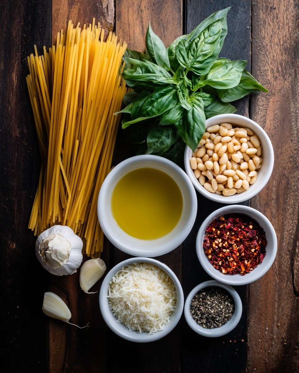 The image shows seven small white bowls arranged in two rows on a dark wooden table; starting from the left in the back row, there is a bunch of fresh green basil leaves, a bowl with golden olive oil, a bowl filled with pale pine nuts, and a bowl with red chili flakes. In the front row from the left, the first bowl contains two peeled garlic cloves, the second bowl holds white grated cheese, and the third bowl has black pepper and salt. On the very left side, there is a tall clear container holding uncooked spaghetti standing vertically. The background is a white marbled texture. Photo taken with an iphone --ar 4:5 --v 7