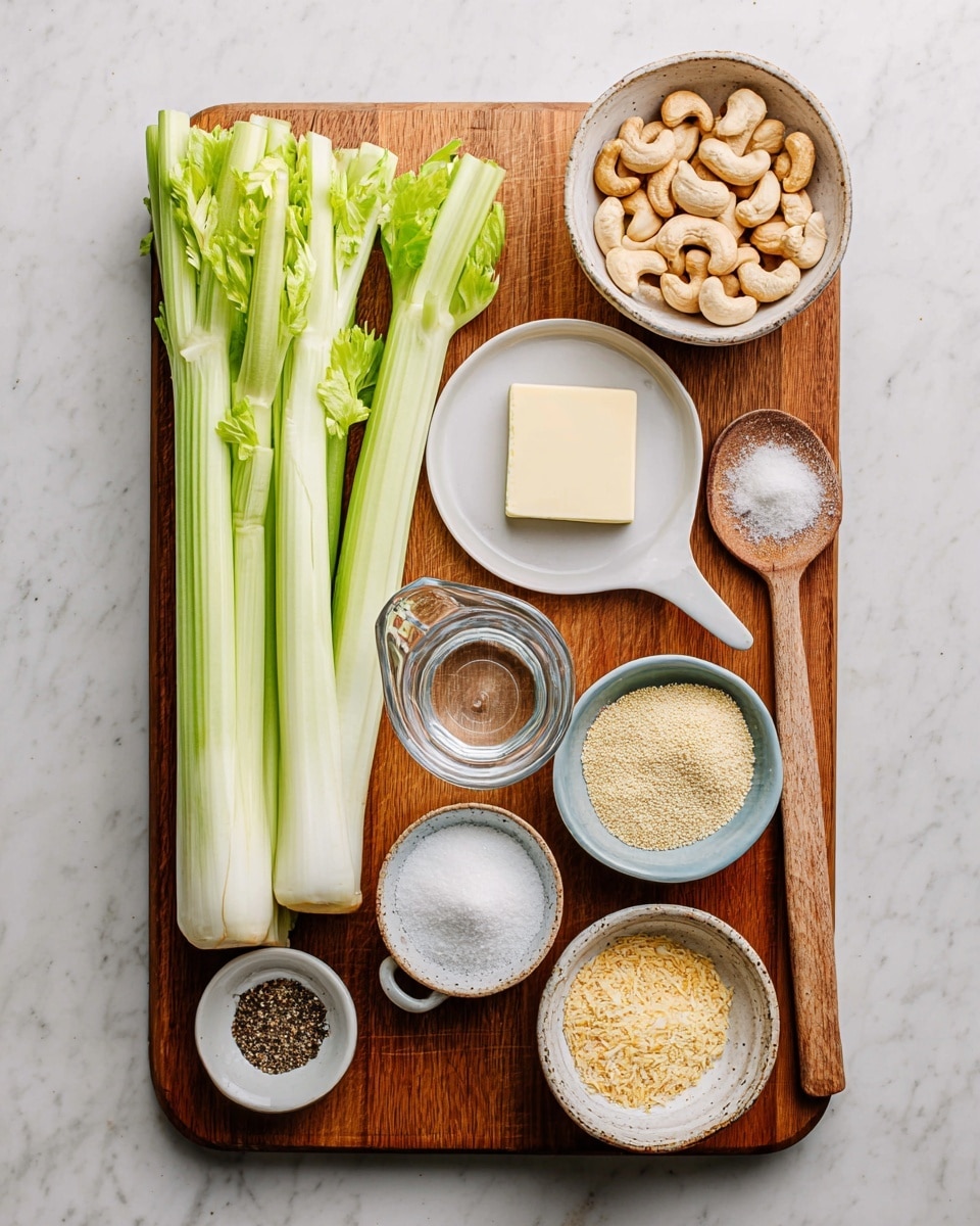 A wooden cutting board sits on a white marbled surface, holding several fresh green and white celery stalks on the left side. On the right side, there are five small dishes arranged neatly: at the top, a white bowl filled with light brown cashew nuts; below it, a white plate with a rectangular piece of pale yellow butter; next to it, a small glass measuring cup with clear water and a brown handle; below that, a blue bowl filled with white flour; to the left, a small white dish with black pepper; below the pepper, a rustic white bowl containing golden-yellow breadcrumbs; and on the far right, a wooden spoon holding white salt. photo taken with an iphone --ar 4:5 --v 7